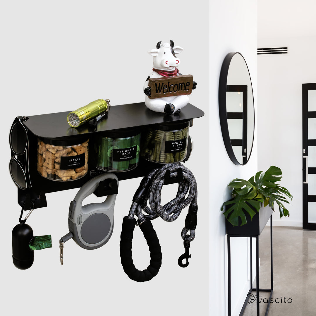 Dog Leash Holder for Wall with Dog Storage Organizer, 13.5" Wide Shelf and 3 Small Dog Treat Jars, Modern Black