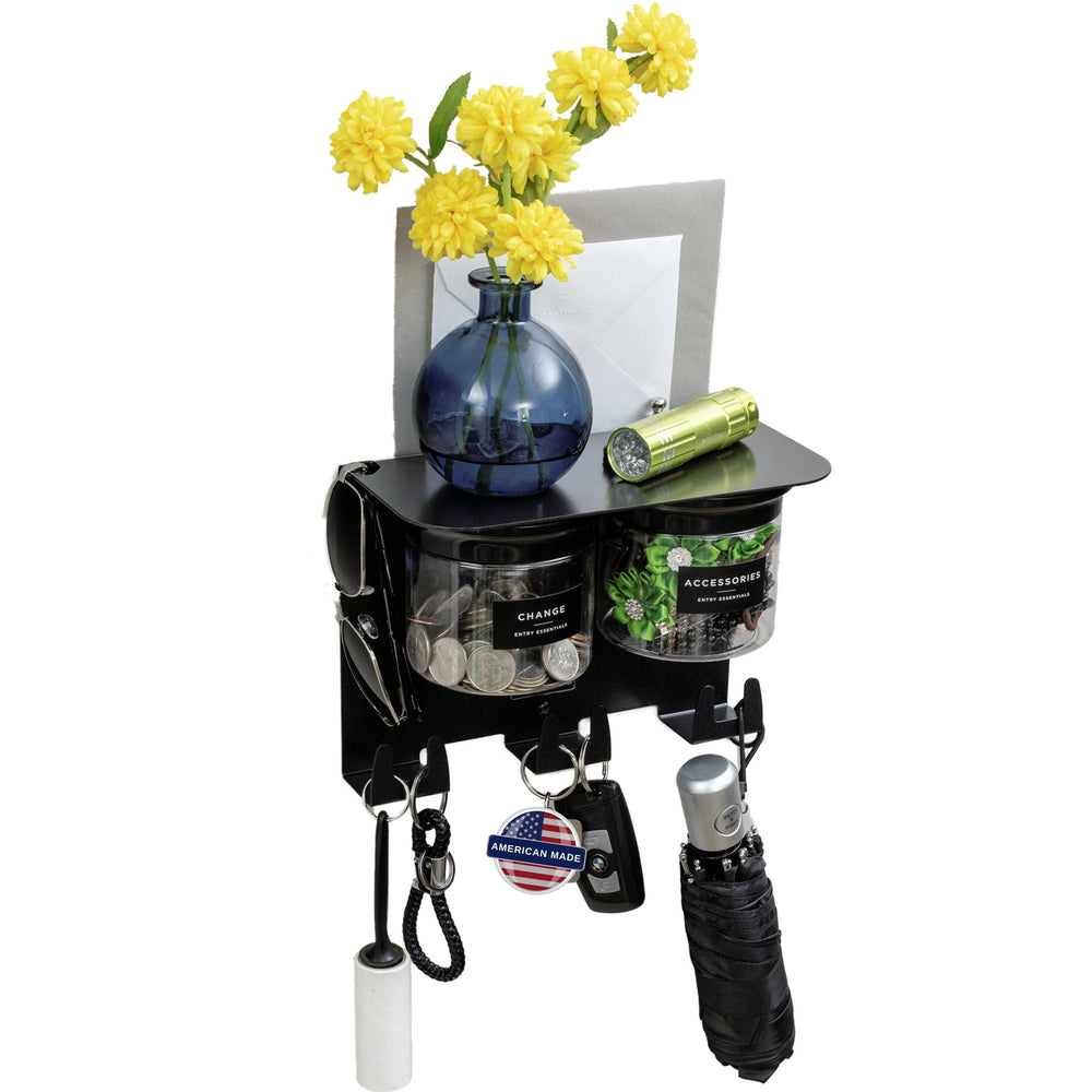 Wall Hung Key Holder with Shelf - Entryway Organizer in black with 6 key hooks, dual sunglasses holders, and storage jars for coins and accessories.
