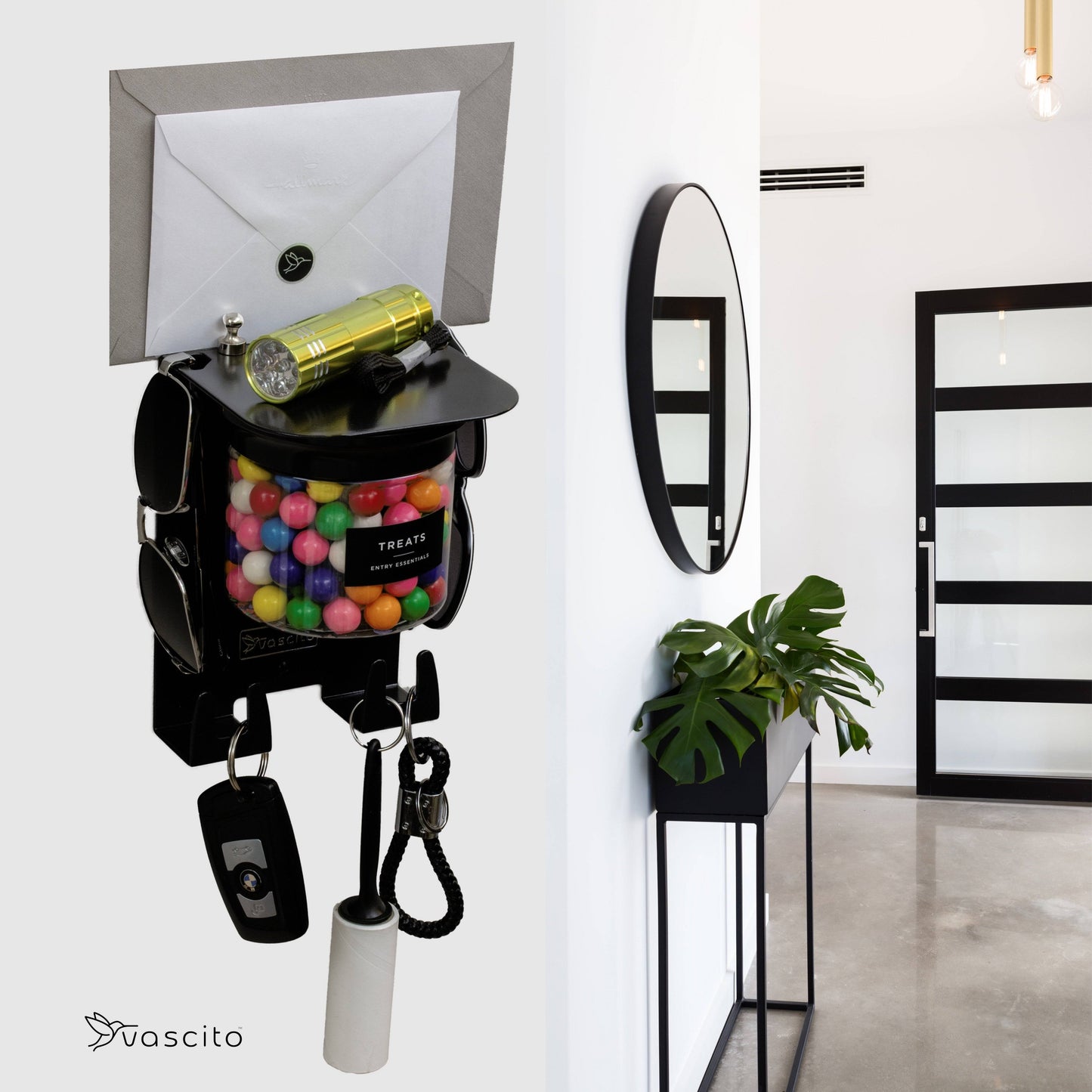 Wall Mounted Key Holder - Small Entryway Shelf in a minimalist entryway, holding keys, flashlight, and gumballs in airtight jar.