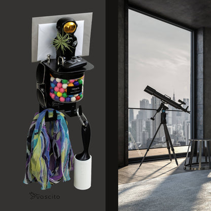 Wall Mounted Key Holder - Small Entryway Shelf holding scarves and lint roller, shown in a stylish room with telescope and city view.