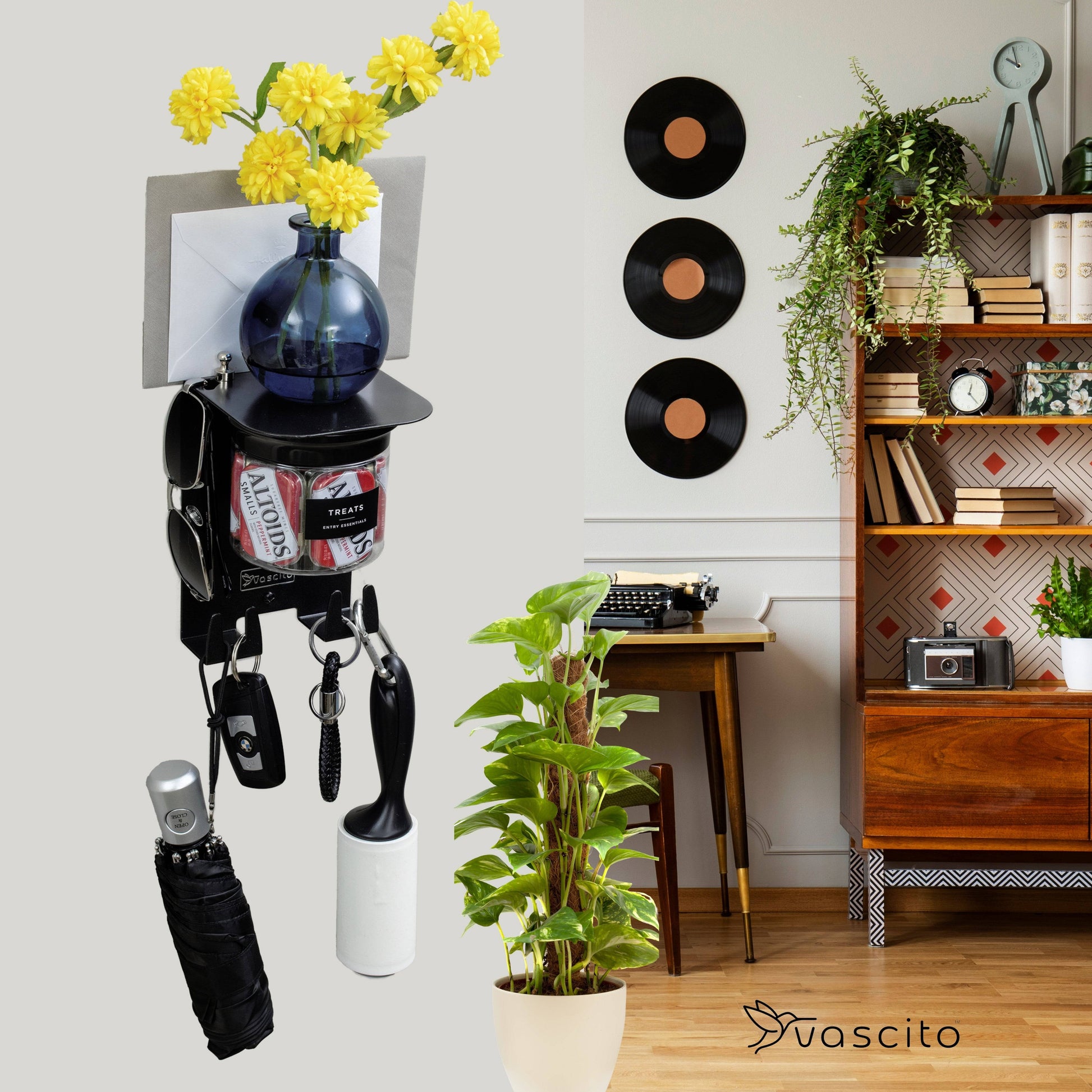 Wall Mounted Key Holder - Small Entryway Shelf with flowers, sunglasses holder, and airtight jar, styled in a mid-century modern home.