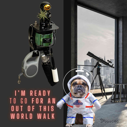 Futuristic Dog Wall Organizer with retractable leash, airtight treat jar, and astronaut-themed decor. Fun pet storage for space lovers.