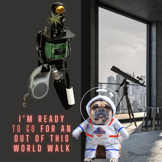 Futuristic Dog Wall Organizer with retractable leash, airtight treat jar, and astronaut-themed decor. Fun pet storage for space lovers.