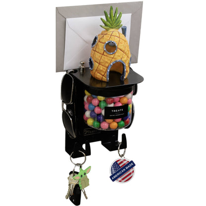 Wall Mounted Key Holder - Small Entryway Shelf with hooks, sunglasses holder, and airtight jar holding gumballs. Supports up to 25lbs.