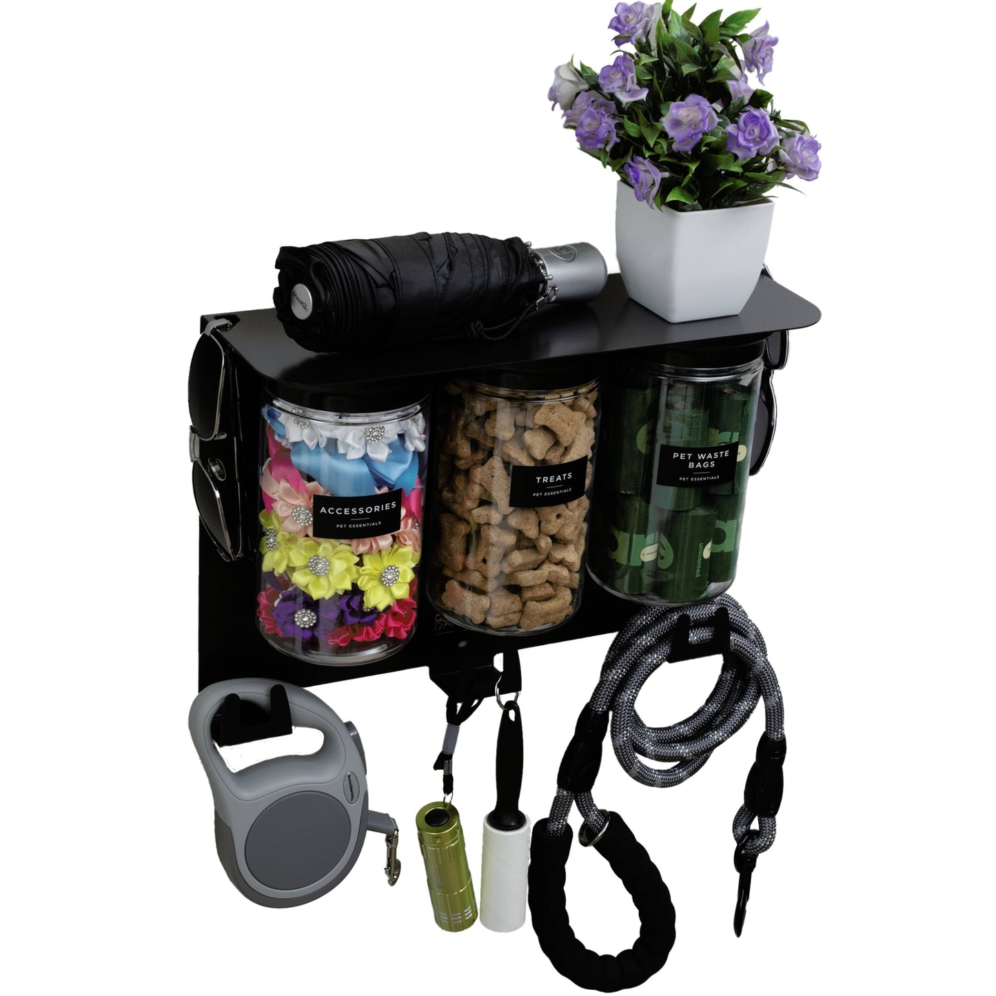 Premium wall hung large dog treat jar organizer in modern black with 3 airtight jars, leash hooks, and shelf for pet gear storage.