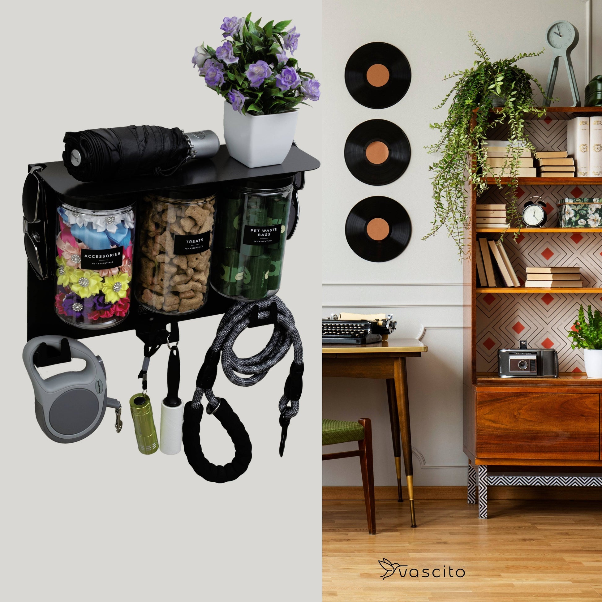 Wall-mounted black dog storage station with jars and hooks displayed in a cozy home interior for easy pet supply access.