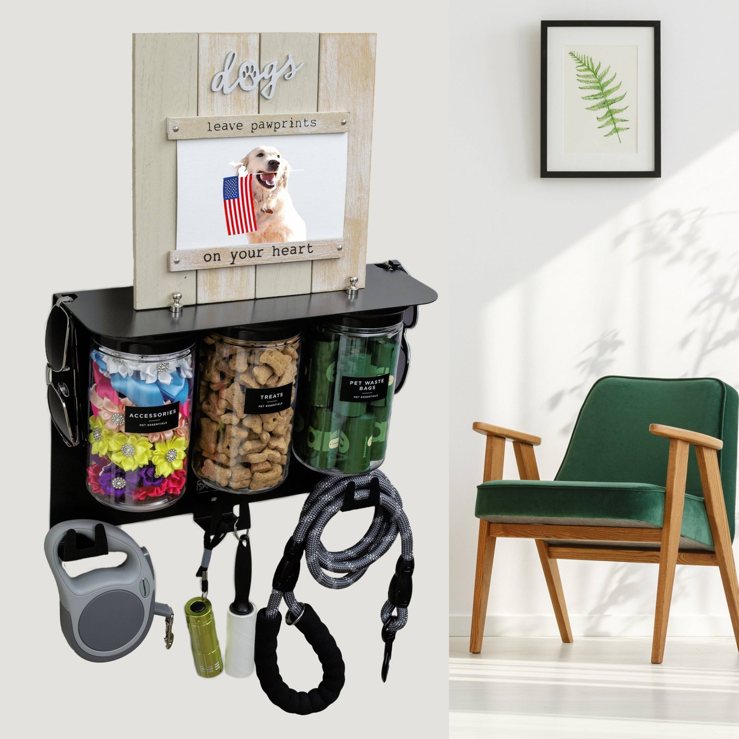 Dog leash holder with treat jars and hooks, styled with dog-themed decor in a modern home setting for organized pet storage.