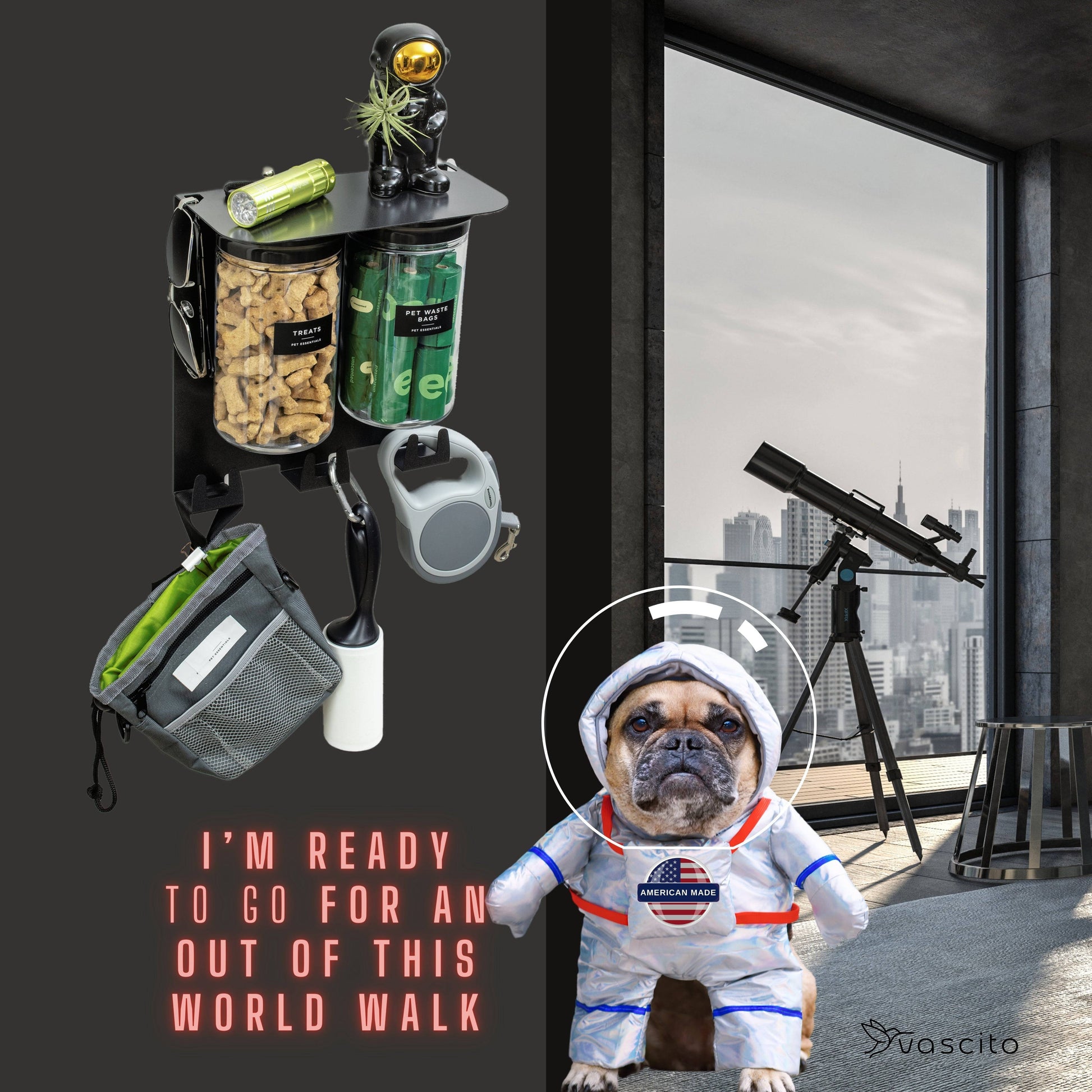 Dog leash holder with jars and hooks displayed in a modern room, featuring a dog in astronaut suit promoting pet walk readiness.