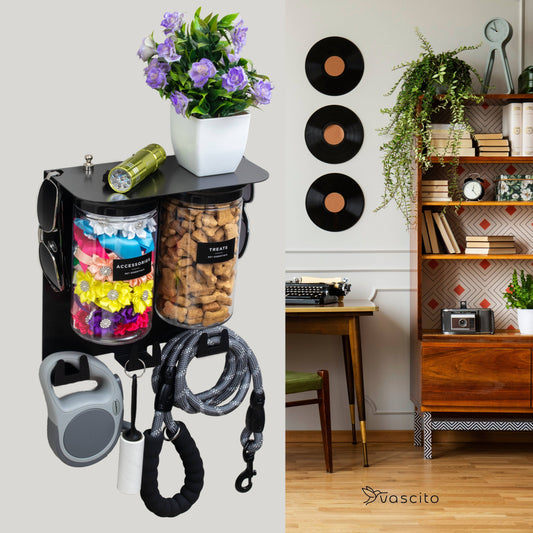 Modern black dog leash holder with shelf and 2 jars, mounted in a stylish home setting, ideal for organizing pet accessories and treats.
