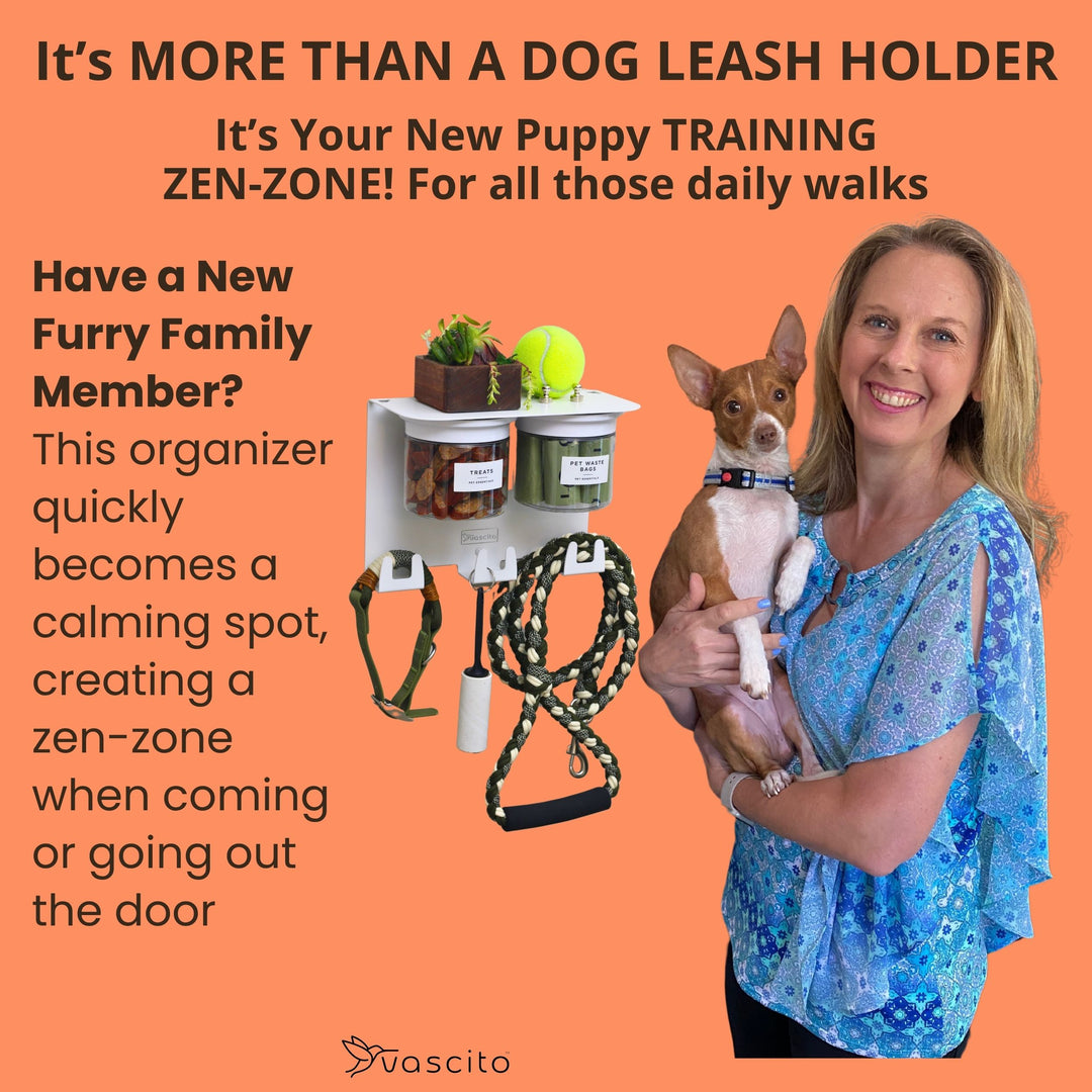 Dog Leash Holder for Wall with 9" Dog Shelf, Deep Dog Hooks and 2 Small Airtight Dog Treat Containers, Dog Stuff Organizer and Storage