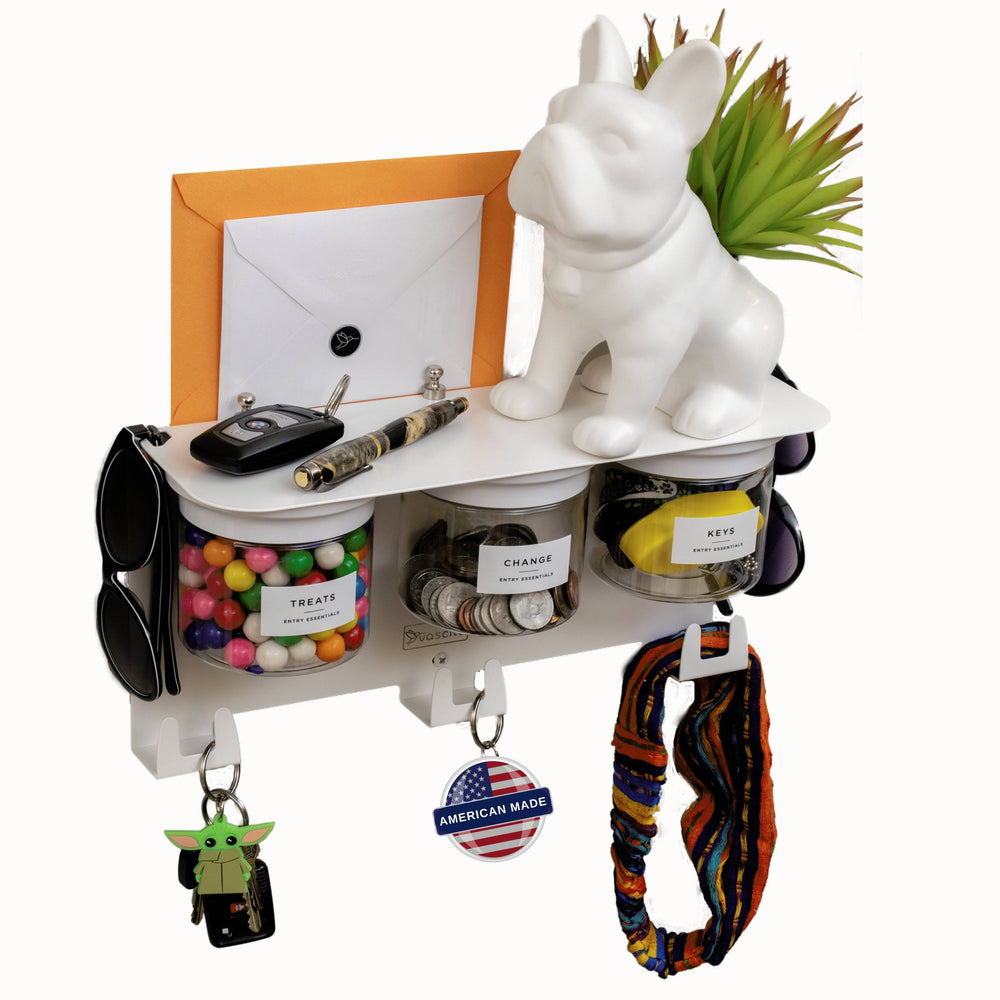 Mail and Key Organizer - Entryway Organizer with Key Hooks featuring 3 labeled candy jars, sunglasses slots, and a decorative dog planter.
