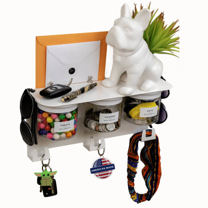 Mail and Key Organizer - Entryway Organizer with Key Hooks featuring 3 labeled candy jars, sunglasses slots, and a decorative dog planter.