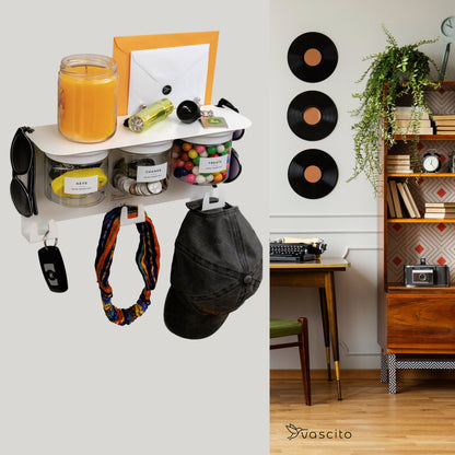 Functional Mail and Key Organizer - Entryway Organizer with Key Hooks, candy jars, and hooks for hats and accessories in a retro-themed room.