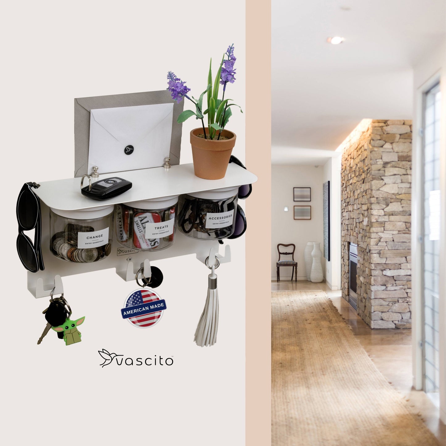 Mail and Key Organizer, Wall Mount with 13.5" Entryway Shelf and 3 Candy Storage Jars in Designer White