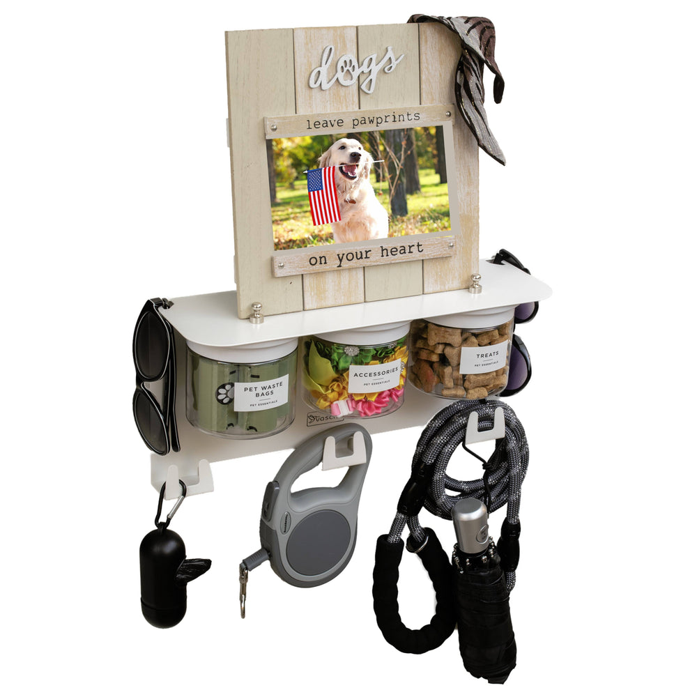 Dog Leash Holder Wall Organizer with 13.5-inch shelf, 3 labeled treat jars, hooks for leashes, and photo frame, perfect for pet gear storage.