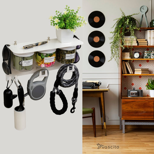 Modern Dog Leash Holder Wall Shelf installed in stylish home interior, showcasing pet gear hooks, airtight storage jars, and sunglasses holders.