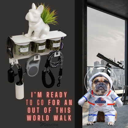 Dog Leash Holder Wall Organizer with jars and hooks, styled with a dog planter and astronaut dog graphic for fun pet-themed decor.