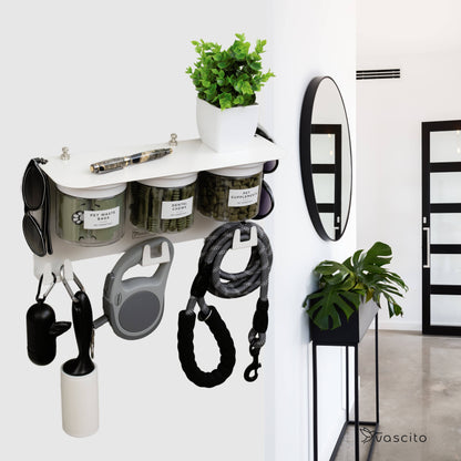 Dog Leash Holder Wall Organizer mounted in a modern hallway, featuring treat jars, leash hooks, and a clean white design for pet organization.