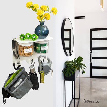 Modern dog leash holder wall organizer with hooks, treat jars, and shelf, mounted in a bright entryway for organized pet storage.