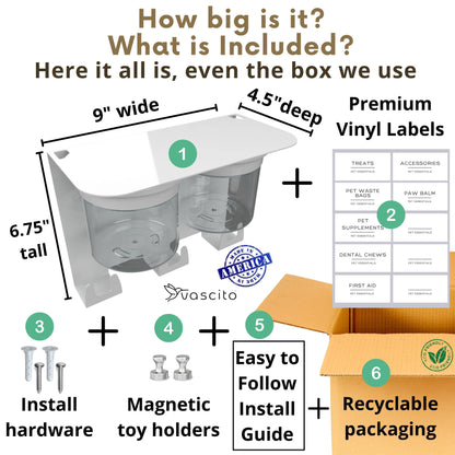 Dimensions and components of dog leash holder wall organizer with 9-inch shelf, airtight containers, and recyclable packaging.