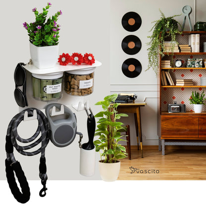 Stylish dog leash holder wall organizer with hooks, airtight treat jars, and shelf, blending with modern home decor and pet gear.