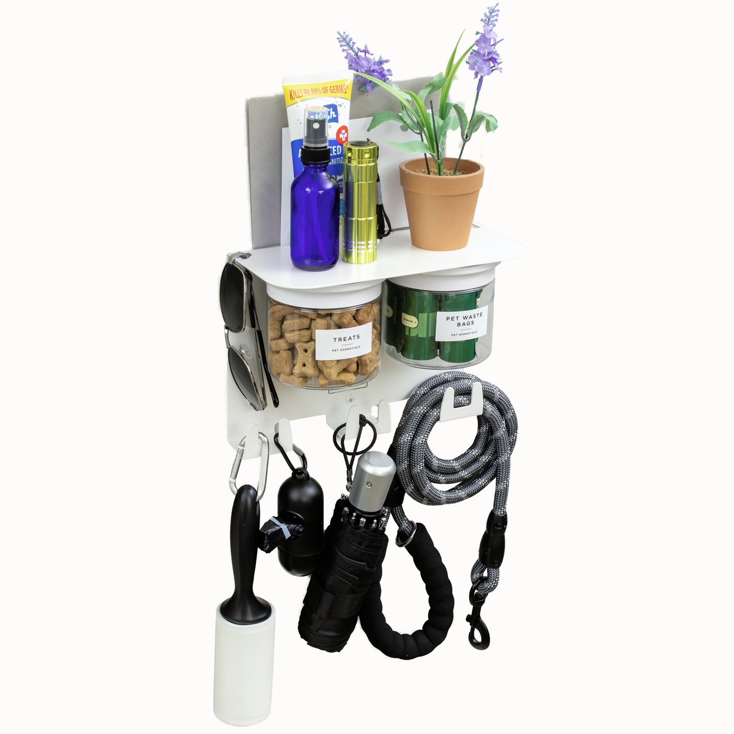 Dog Leash Holder for Wall with 9" Dog Shelf, Deep Dog Hooks and 2 Small Airtight Dog Treat Containers, Dog Stuff Organizer and Storage