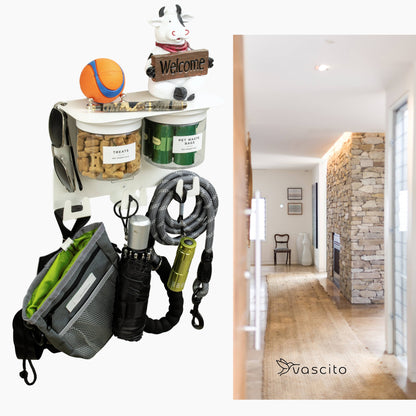 Dog leash holder wall organizer with treat jars, hooks, and welcome decor, perfect for entryways and pet-friendly home organization.
