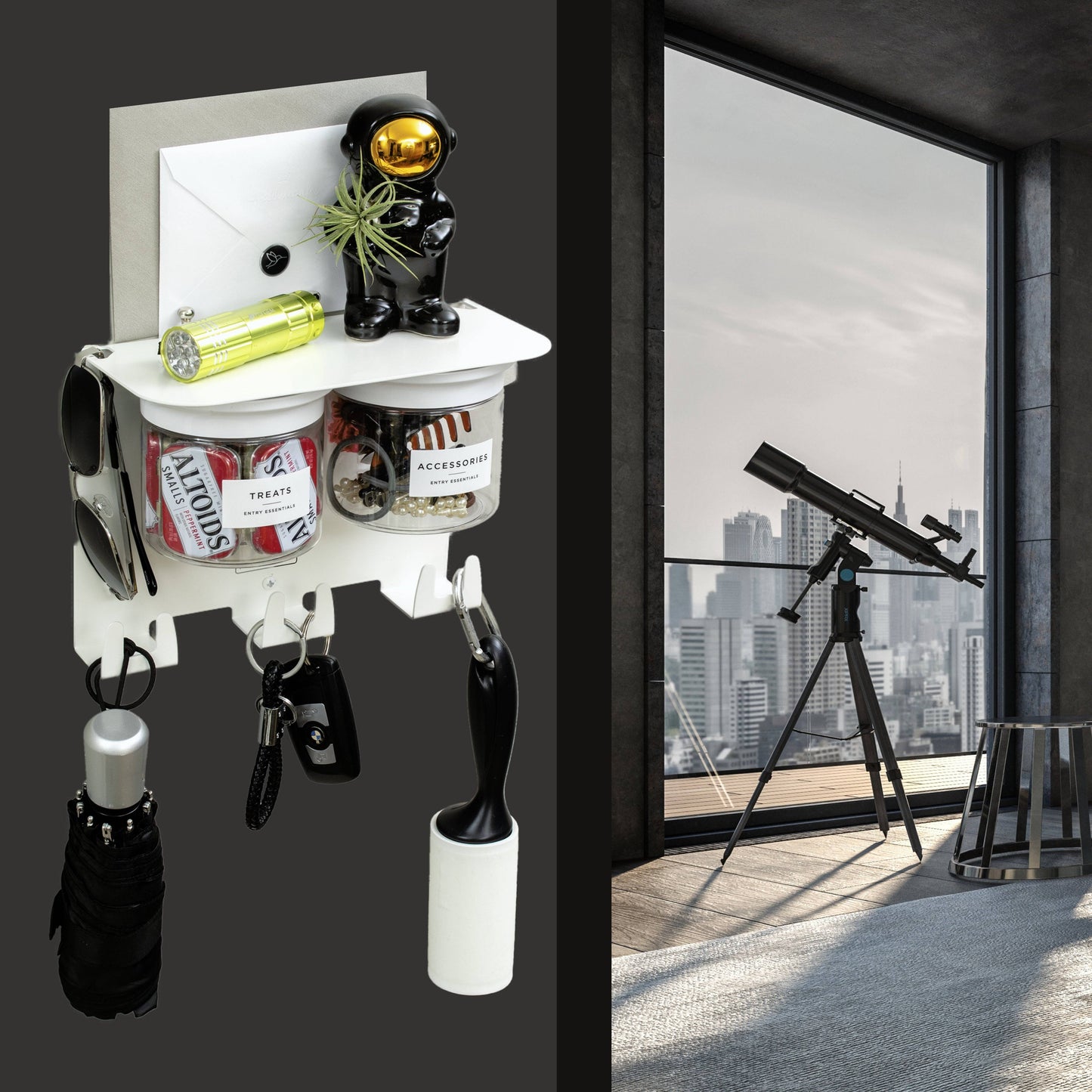 Modern Wall Hung Entryway Organizer with key and coat hooks, airtight jars, and astronaut decor, ideal for stylish home organization.