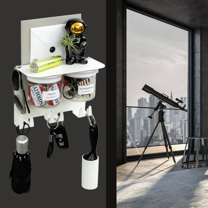 Modern Wall Hung Entryway Organizer with key and coat hooks, airtight jars, and astronaut decor, ideal for stylish home organization.