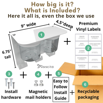 Full product breakdown of Wall Mounted Key Holder with Entryway Shelf, showing dimensions, labels, hardware, and recyclable packaging.