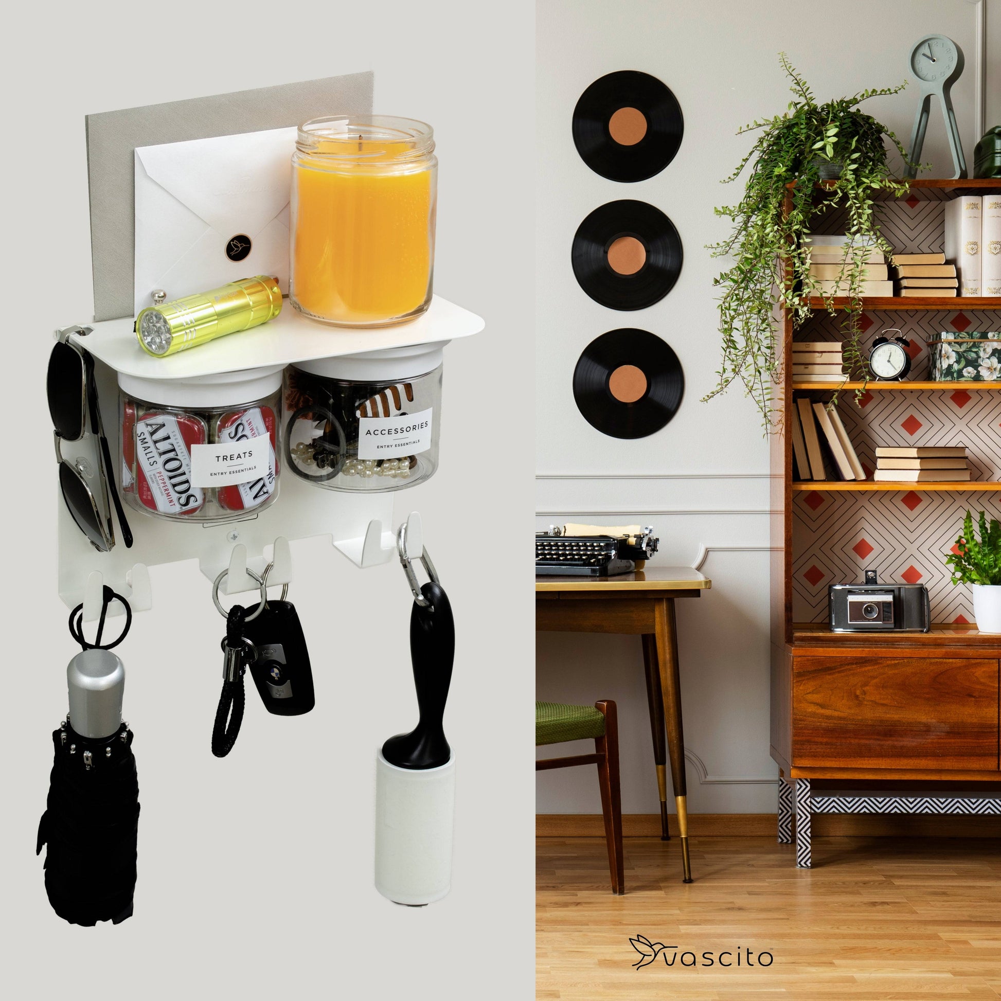 Wall Mounted Key Holder with Entryway Shelf styled in a retro room, showcasing its versatility and space-saving functionality.