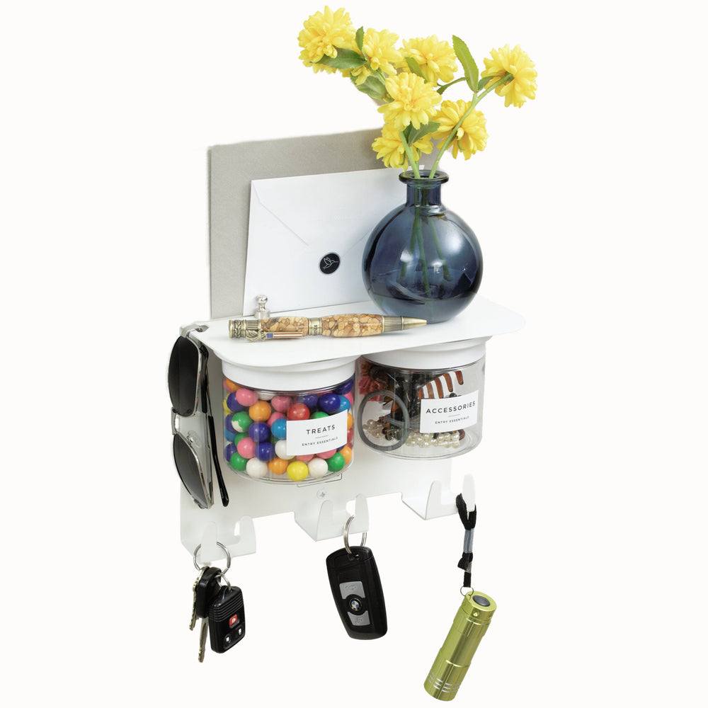 Wall Mounted Key Holder with Entryway Shelf in Designer White featuring 6 key hooks, 3 coat hooks, dual sunglasses holders, and airtight jars.
