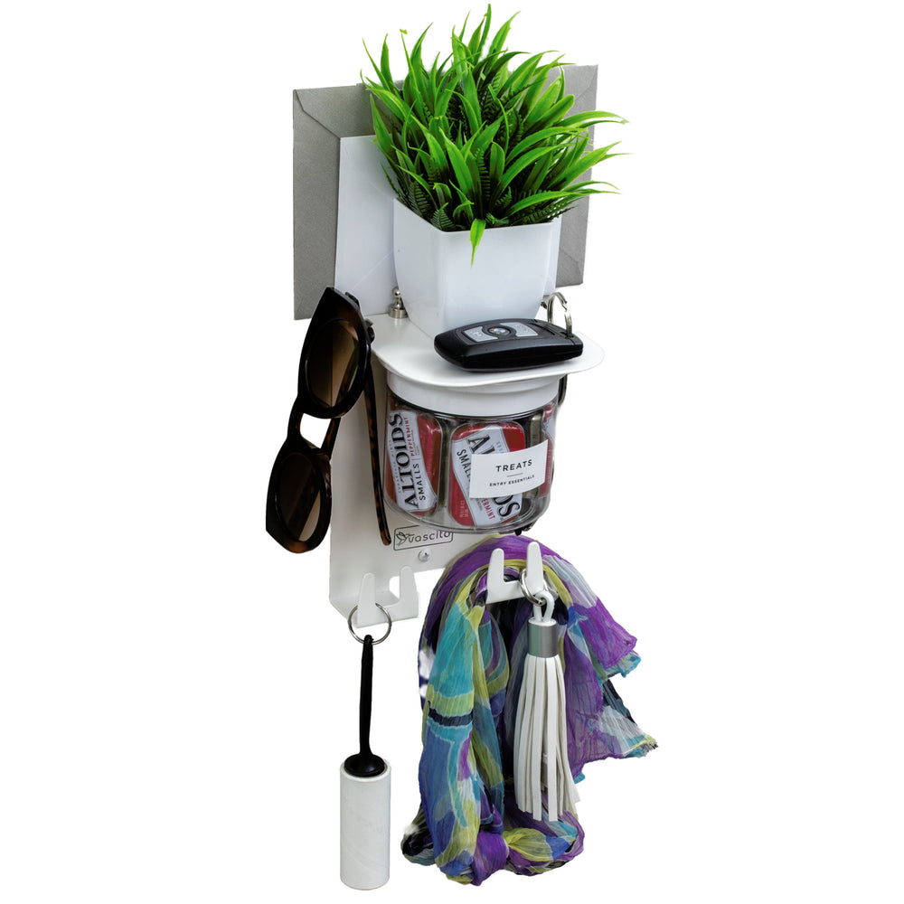 Small Key Holder Wall Mount & Shelf in Designer White with 4.75 inch shelf, sunglasses hook, and deep bag hooks for entryway organization.