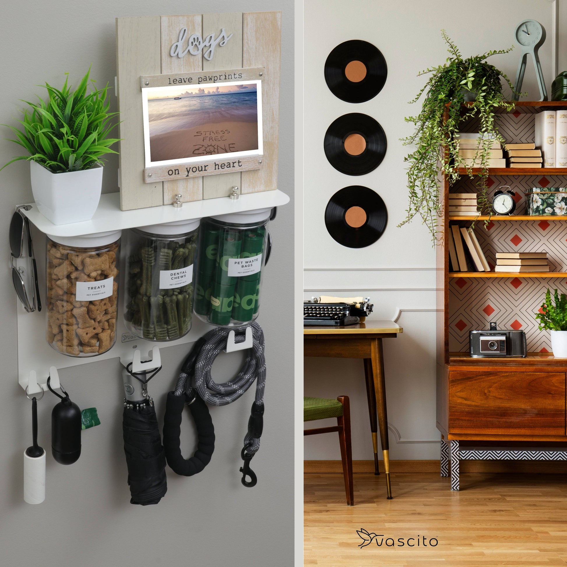 Premium wall hung large dog treat jar organizer with 3 labeled jars and leash hooks, displayed in a stylish living room setting.