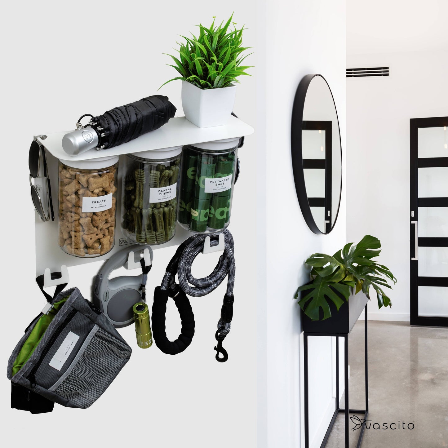 Designer white wall-mounted dog leash holder with 3 treat jars and gear hooks, styled in a modern entryway for easy pet organization.
