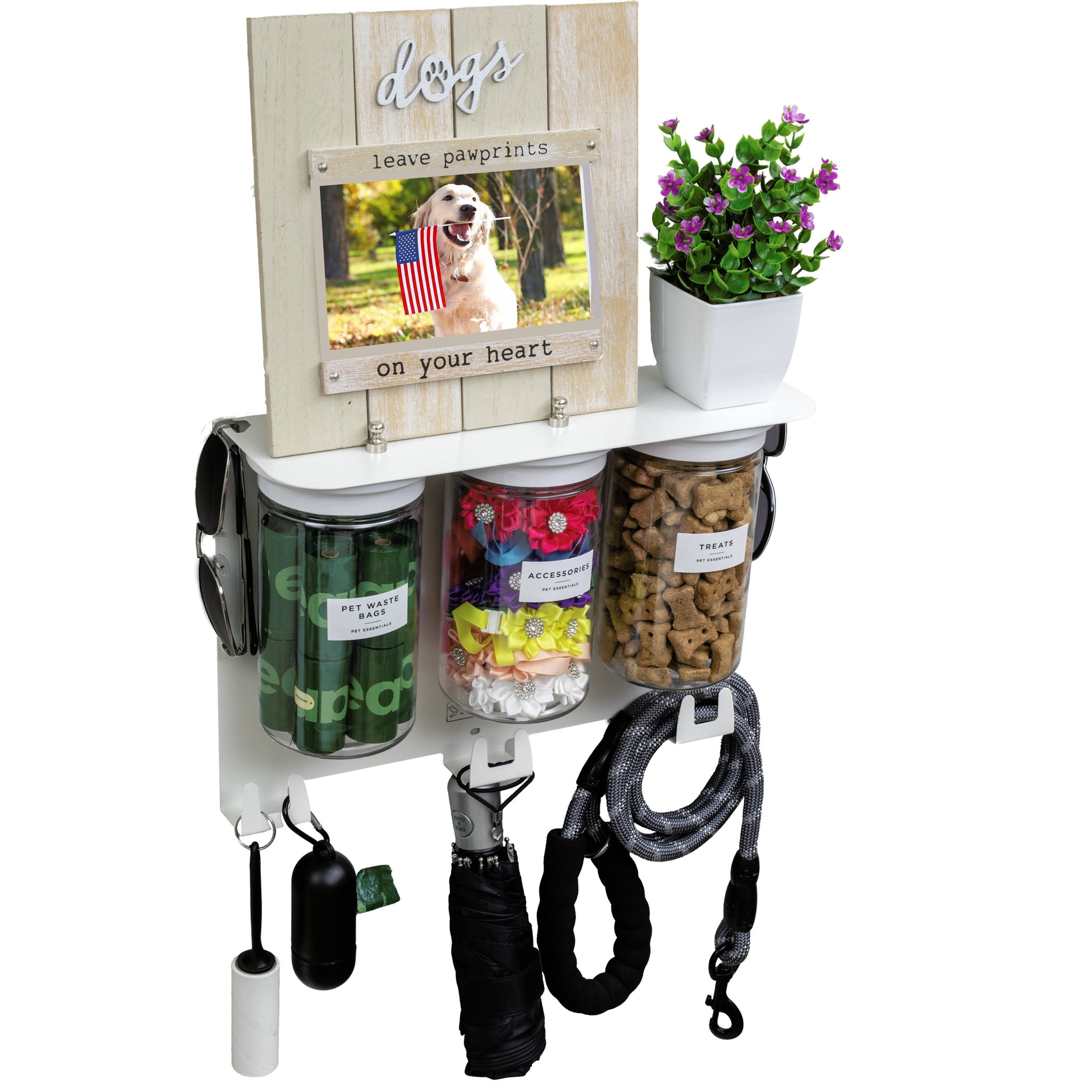 Premium wall hung large dog treat jar organizer in designer white with 13.5” shelf, 3 airtight 32oz jars, leash hooks, and decor space.