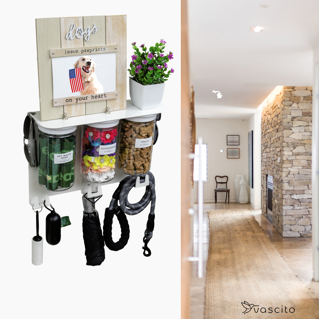 Dog Leash Holder for Wall, Dog Storage with 13.5” Dog Shelf, 3 Large Airtight Dog Treat Containers, Dog Storage, Dog Accessories