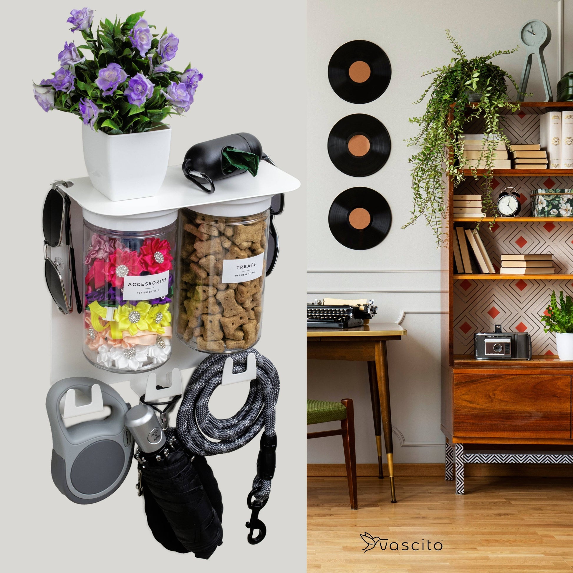 White Dog Leash Holder Wall Organizer with labeled jars, hooks, and decor, mounted in a stylish living room for pet gear organization.