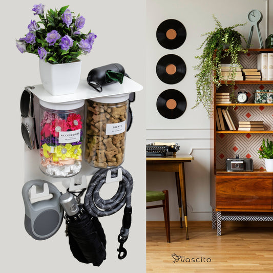 White Dog Leash Holder Wall Organizer with labeled jars, hooks, and decor, mounted in a stylish living room for pet gear organization.