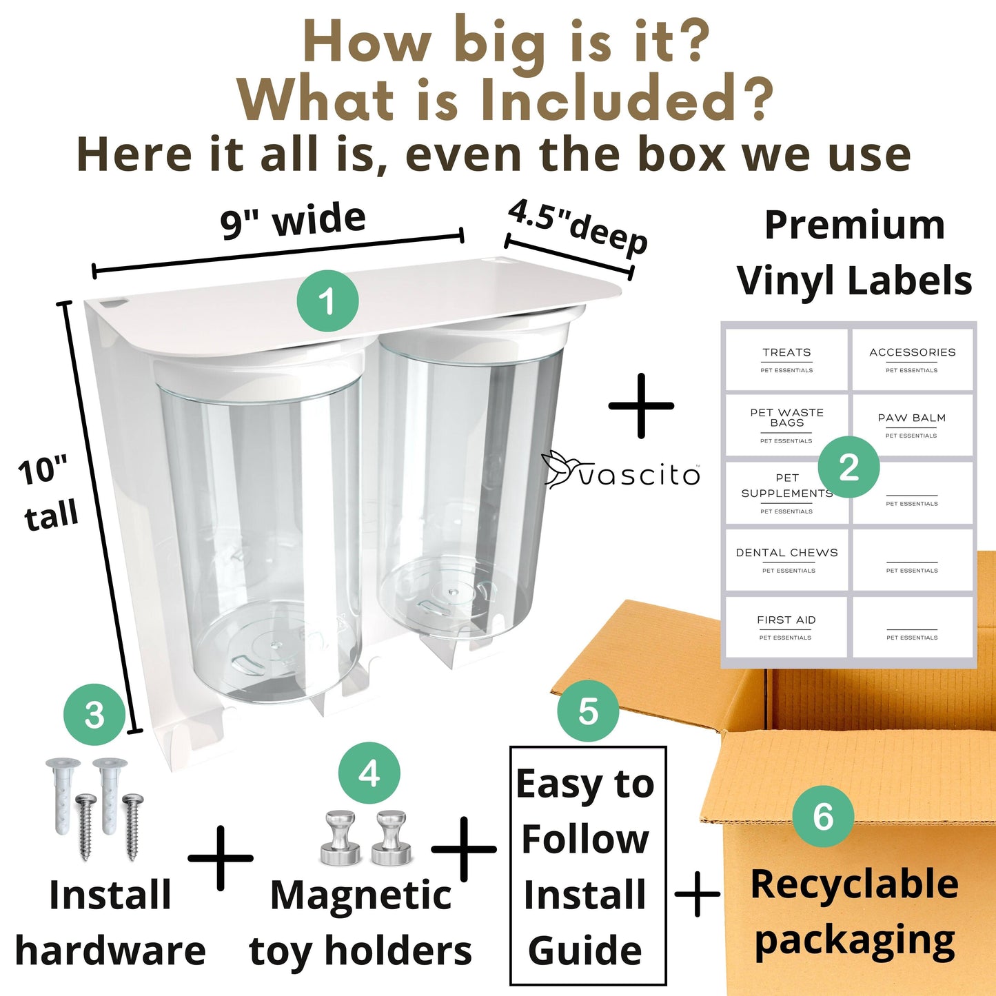 Product dimensions and included items for Dog Leash Holder Wall Organizer, featuring 9-inch wide shelf, jars, labels, and install kit.