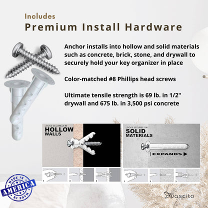 Premium install hardware for dog leash holder, includes screws and anchors for secure mounting on drywall, brick, or concrete.
