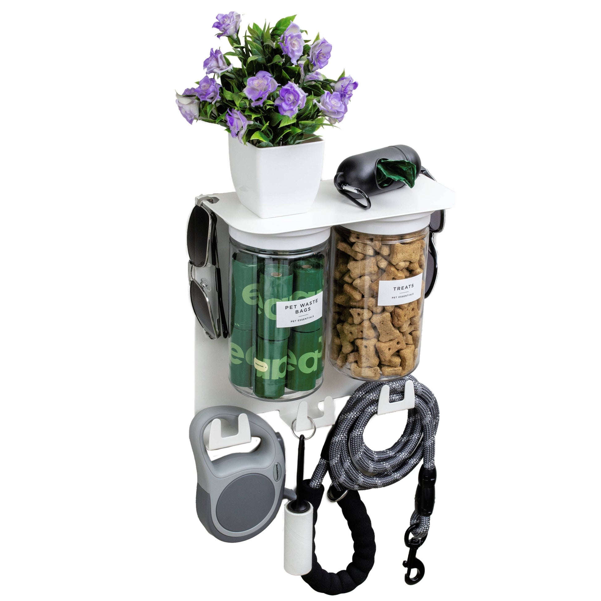 Dog Leash Holder Wall Organizer with airtight treat jars, leash hooks, and sunglasses holder in white, ideal for pet entryway storage.