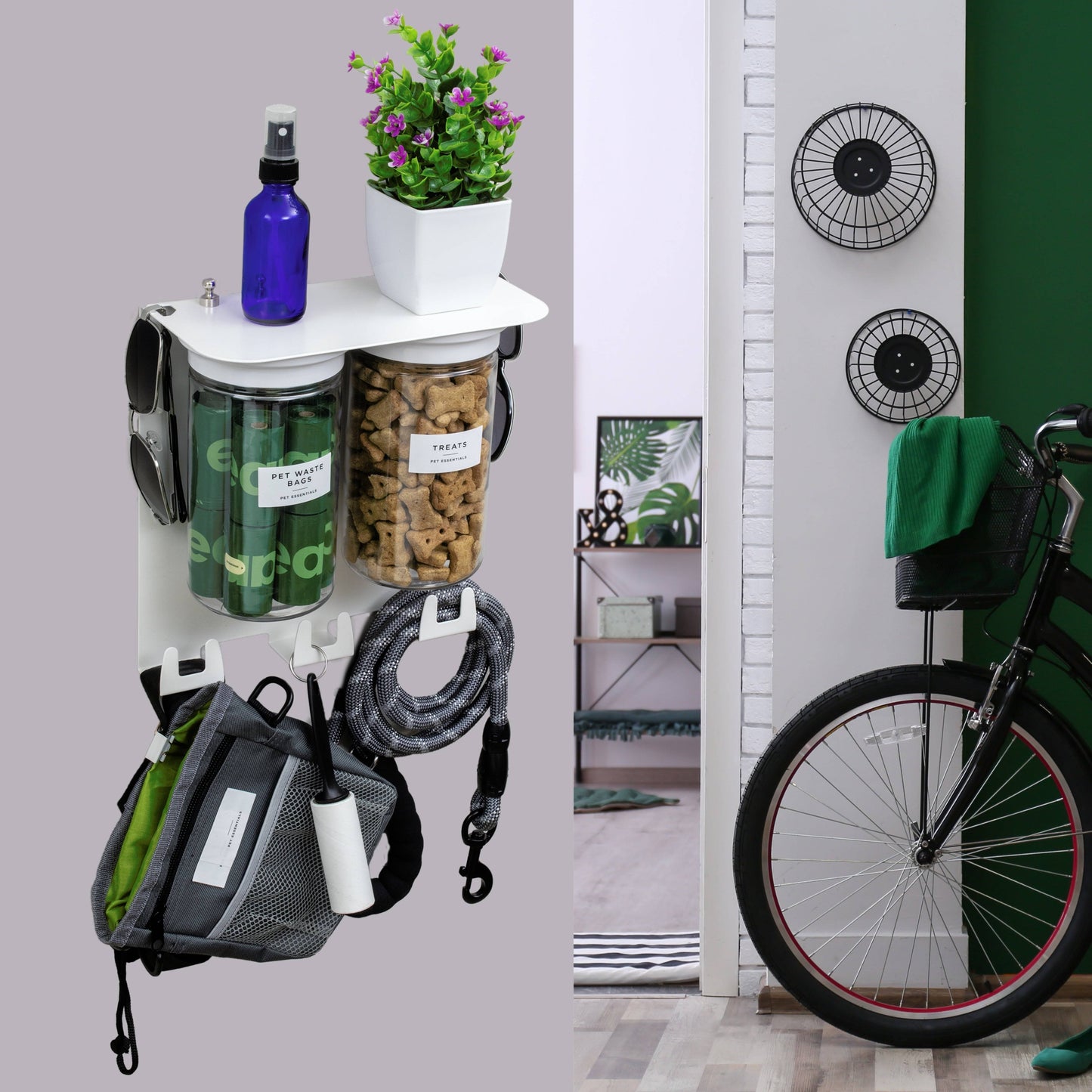 Dog Leash Holder Wall Organizer with labeled jars, hooks, and pet gear, mounted near a bike in a modern entryway for organized pet storage.