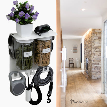 Dog Leash Holder Wall Organizer with treat jars and leash hooks, mounted in a hallway with stone wall decor for stylish pet gear storage.