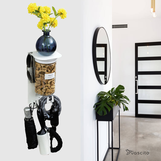 Wall-mounted Dog Leash Holder with 4.75" shelf in Designer White, includes airtight treat jar, hooks, and modern entryway decor setup.