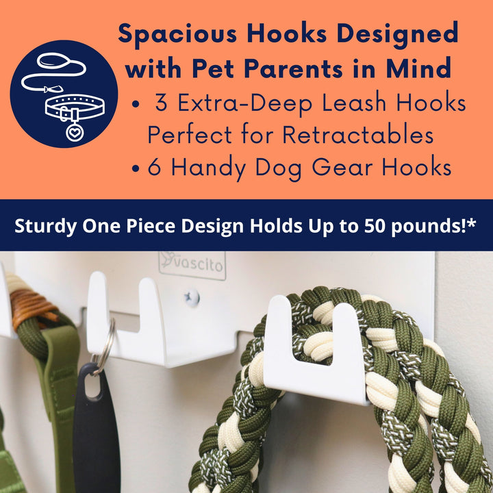 Dog Leash Holder for Wall with 9" Dog Shelf, Deep Dog Hooks and 2 Small Airtight Dog Treat Containers, Dog Stuff Organizer and Storage