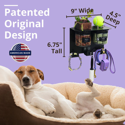 Dog Leash Holder for Wall with 9" Dog Shelf, Deep Dog Hooks and 2 Small Airtight Dog Treat Containers, Dog Stuff Organizer and Storage, Dog Accessories, New Puppy Essentials