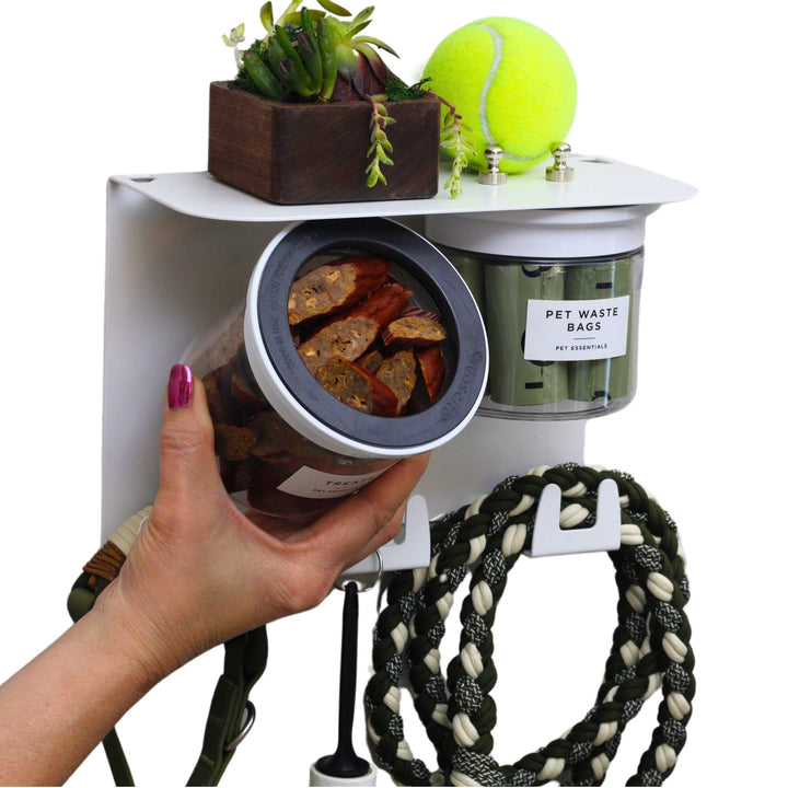 Dog Leash Holder for Wall with 9" Dog Shelf, Deep Dog Hooks and 2 Small Airtight Dog Treat Containers, Dog Stuff Organizer and Storage
