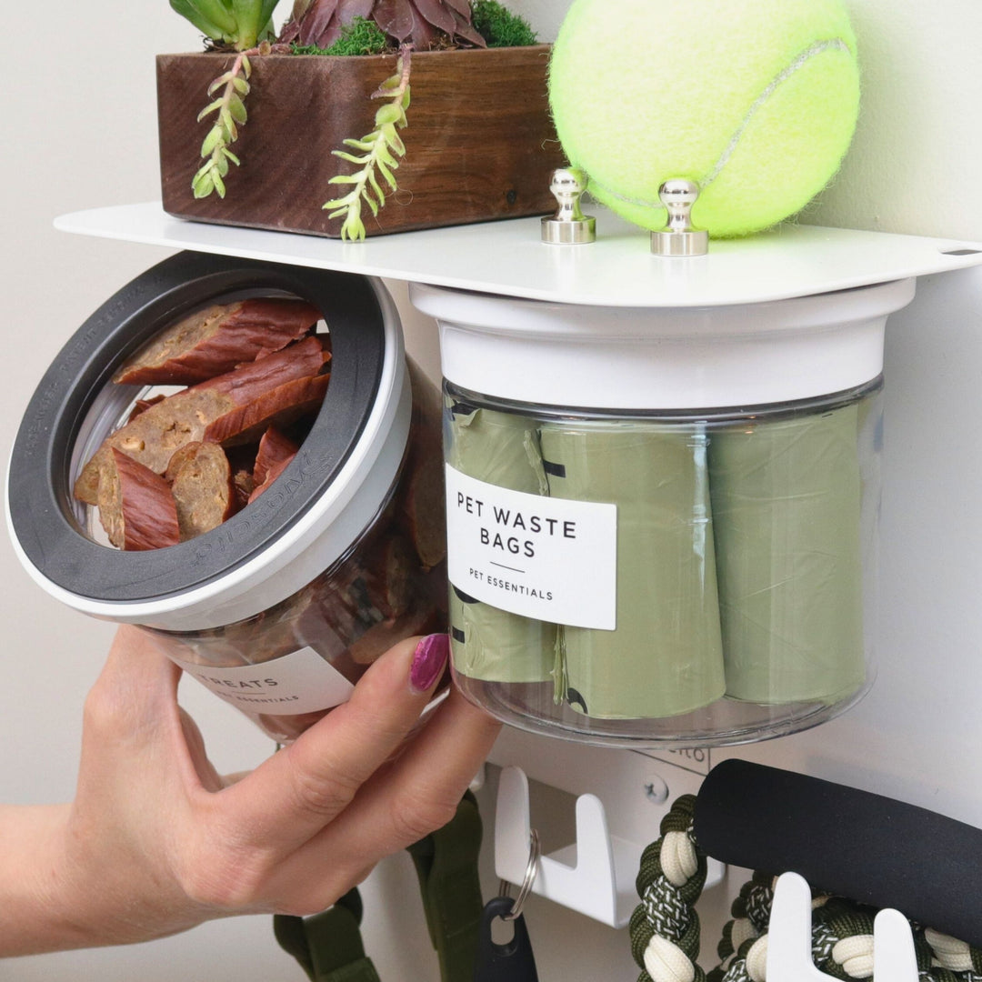 Dog Leash Holder for Wall with 9" Dog Shelf, Deep Dog Hooks and 2 Small Airtight Dog Treat Containers, Dog Stuff Organizer and Storage