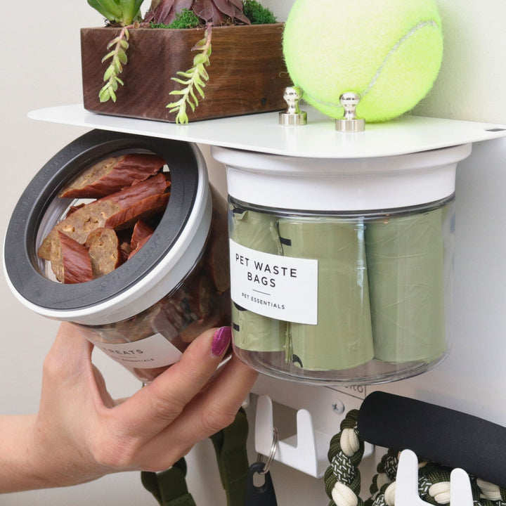 Dog Leash Holder for Wall with 9" Dog Shelf, Deep Dog Hooks and 2 Small Airtight Dog Treat Containers, Dog Stuff Organizer and Storage